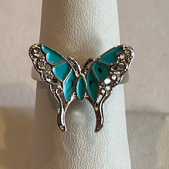 Jewelry - Silver Tone Turquoise Enamel Butterfly Ring, 7